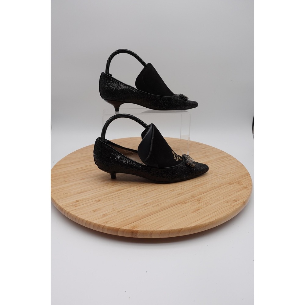 Colin Stuart Shoes Womens Size 7 Black Glitter Rhinestone Slingback Kitten Pumps - Picture 2 of 11
